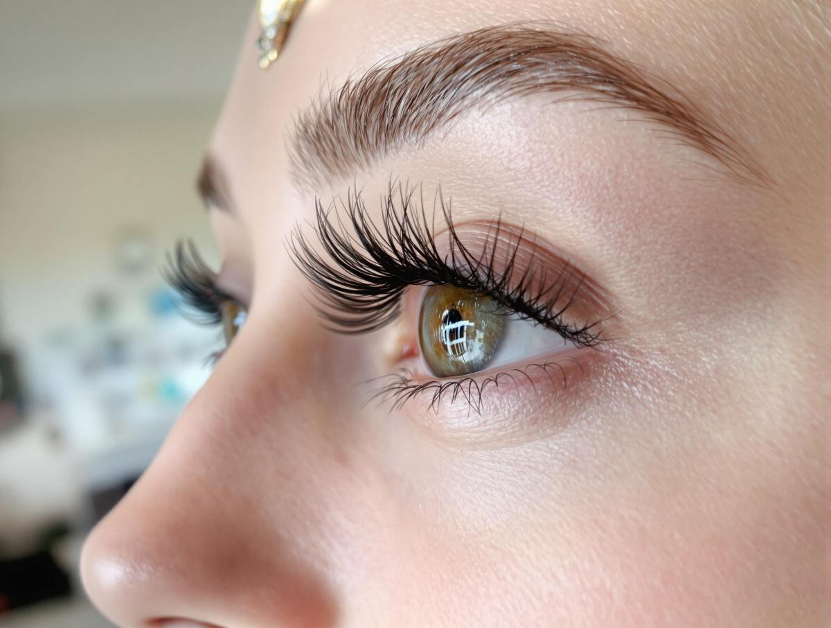 Œil de femme avec extensions de cils volume russe, lumière naturelle