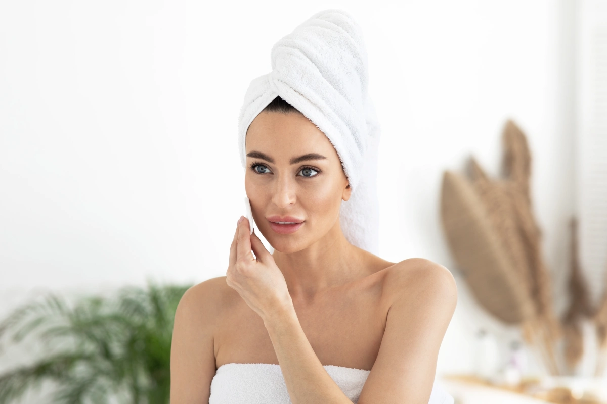 Femme dans salle de bain qui se démaquille les yeux avec un coton démaquillant