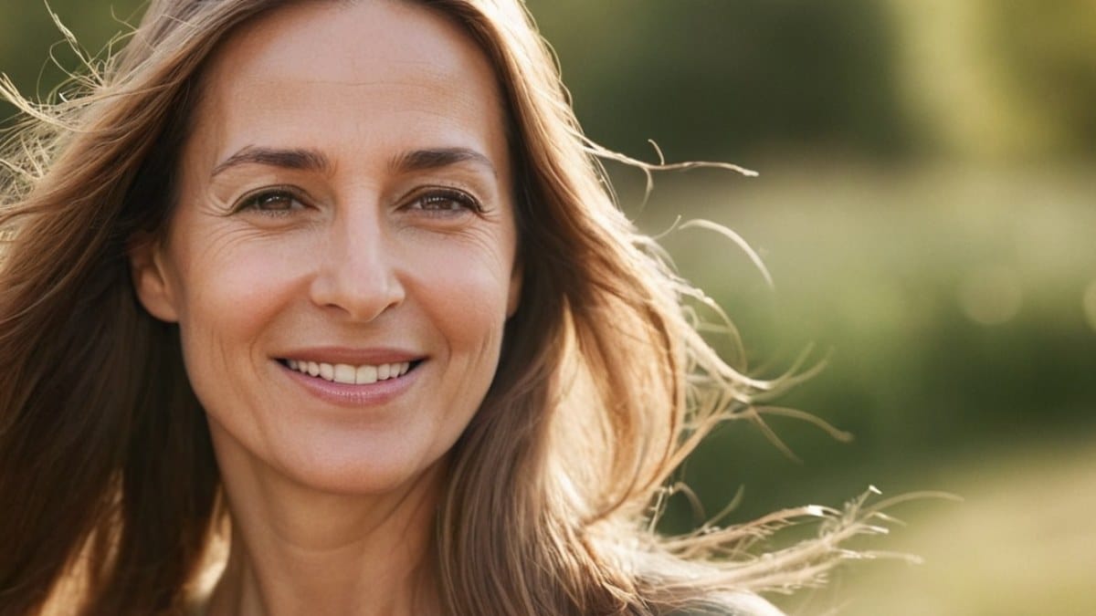 Femme radieuse de 40 ans aux cheveux brillants et soyeux grâce à l'après-shampoing, sourire confiant
