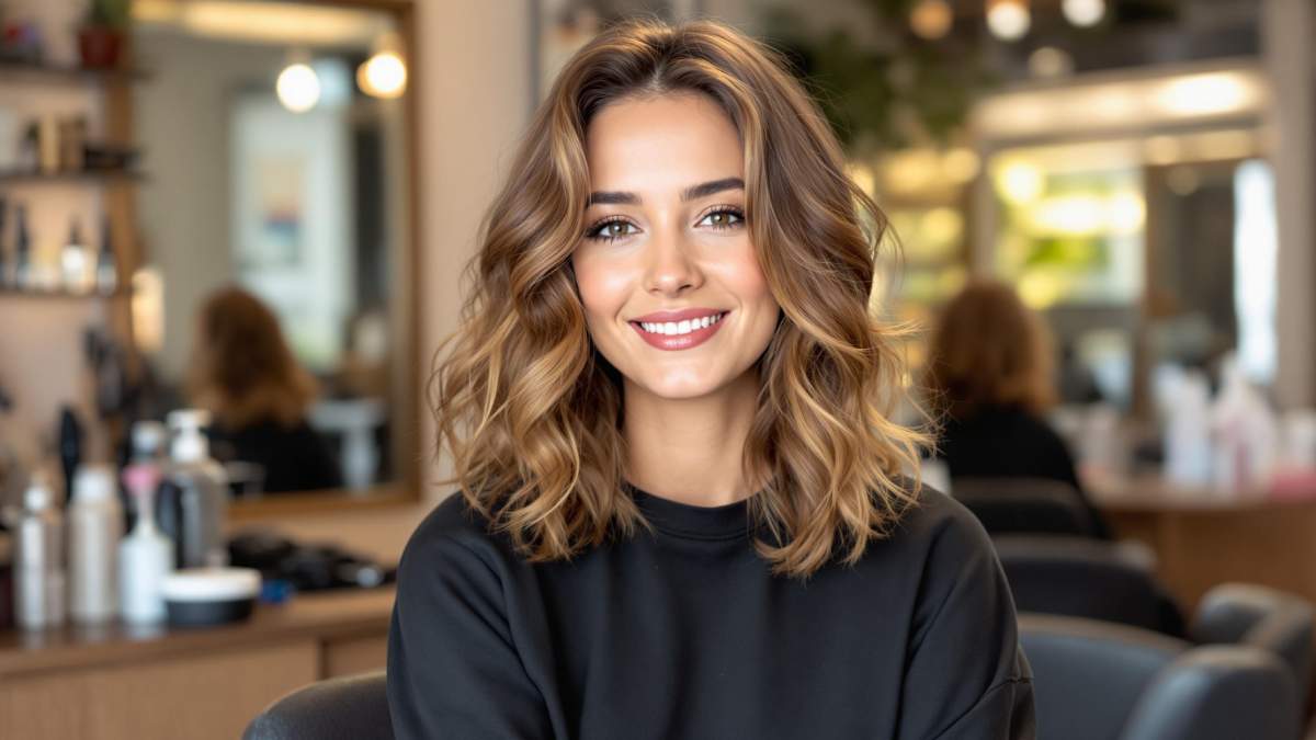 Femme avec une permanente bouclée moderne dans un salon de coiffure Franck Provost