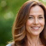 Femme de 40 ans aux cheveux brillants et soyeux souriant avec confiance, incarnant la beauté et la vitalité