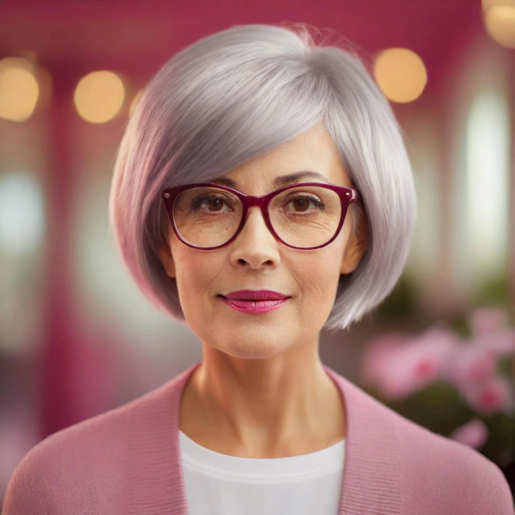 Coiffure femme de 50 ans avec lunettes et visage rond Bob dégradé