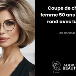 Femme élégante de 50 ans avec coupe bob volumineuse et lunettes tendance, idéal pour visage rond