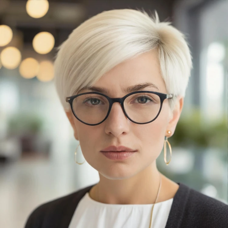 cheveux pixie femme 50 ans visage rond avec lunettes
