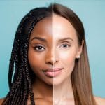 visage d'une femme sublime coupé en deux avec peau mate et peau claire