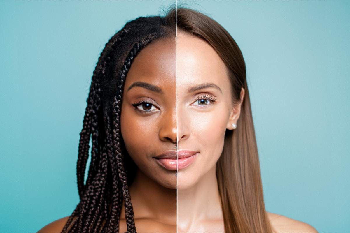 visage d'une femme sublime coupé en deux avec peau mate et peau claire