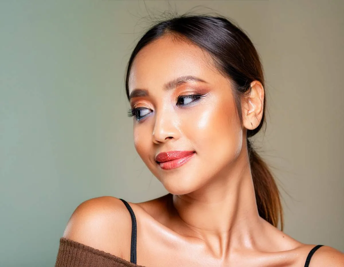Une femme sublime au teint mat, maquillée les yeux et les lèvres, met en valeur les traits du visage avec des couleurs riches et vibrantes qui complètent le teint.