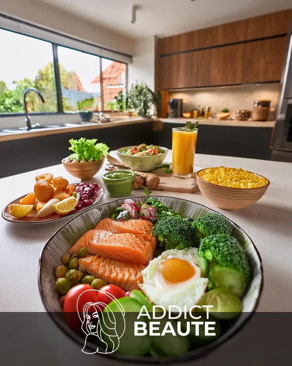 Image colorée et alléchante d'aliments riches en vitamines avec salade fraîche, smoothie vert et saumon grillé, incitant au clic pour découvrir des astuces santé