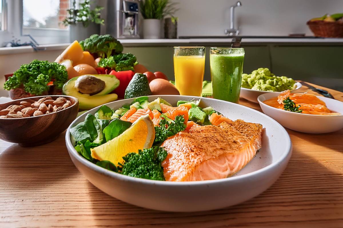 Image colorée et alléchante d'aliments riches en vitamines avec salade fraîche, smoothie vert et saumon grillé, incitant au clic pour découvrir des astuces santé