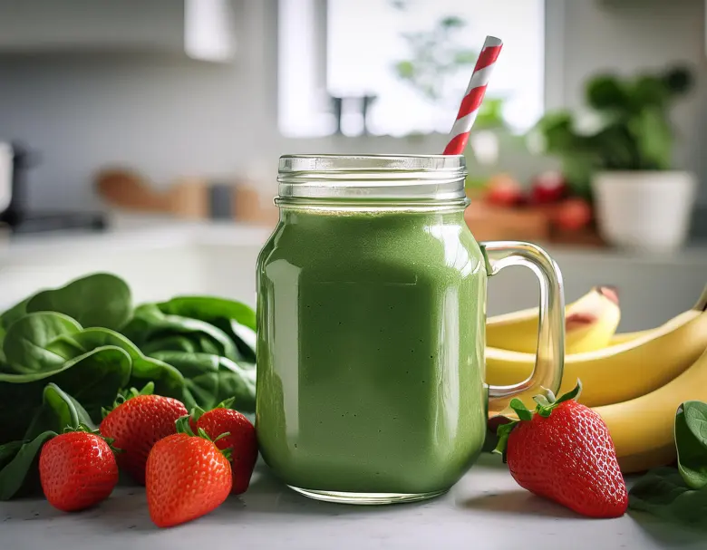 Smoothie vert santé avec épinards, bananes et fraises, riche en vitamines