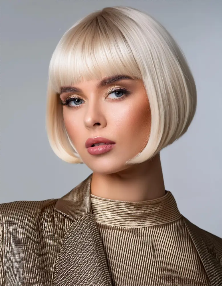 Femme avec un bob court blond et une raie sur le côté, portant une tenue chic