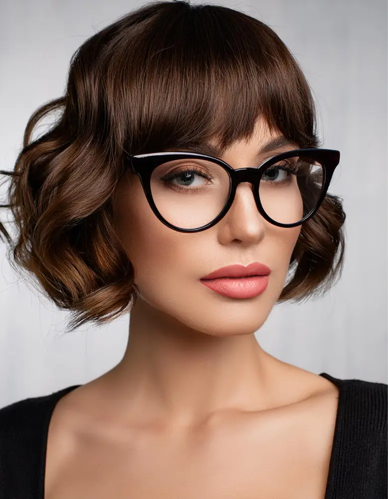 Femme avec un bob chic sur cheveux bouclés bruns, portant des lunettes élégantes