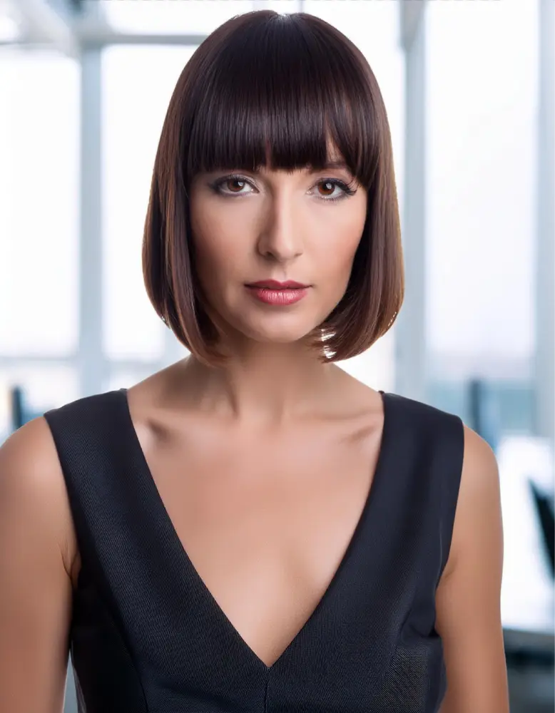 Femme avec un bob classique avec frange sur cheveux bruns foncés, environnement de bureau