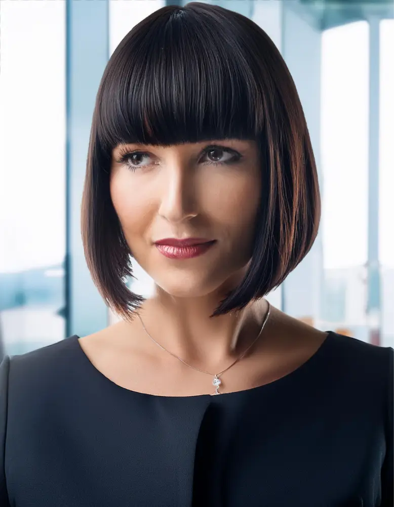 Femme avec un bob classique avec frange sur cheveux bruns foncés, environnement de bureau