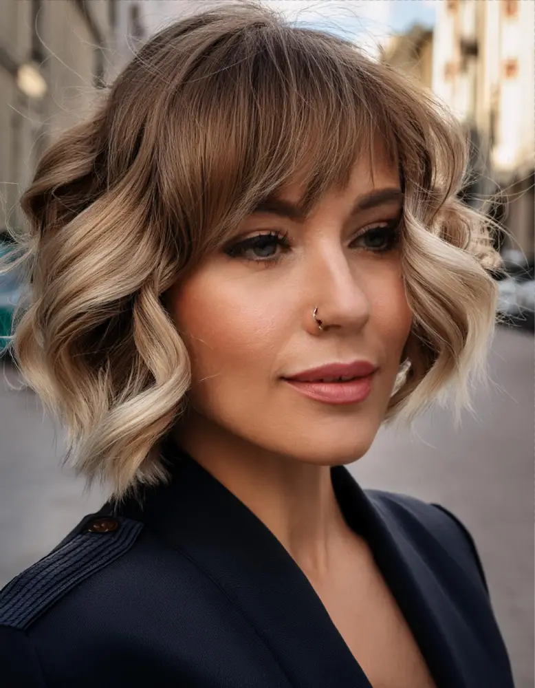 Femme avec un bob désordonné sur cheveux épais et ondulés, cadre urbain