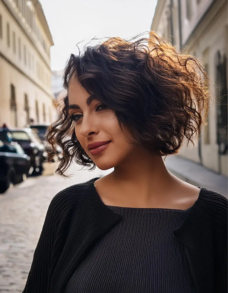 Femme avec un bob désordonné sur cheveux épais et ondulés, cadre urbain