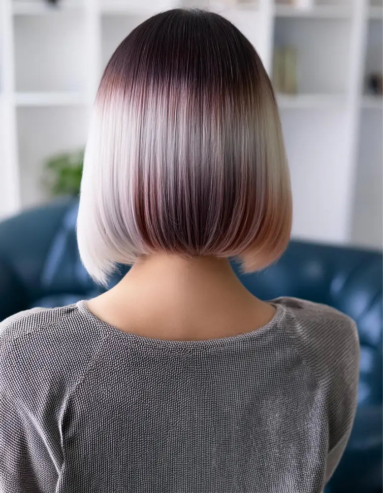 Femme avec un bob droit et pointes droites sur cheveux ombrés, intérieur moderne