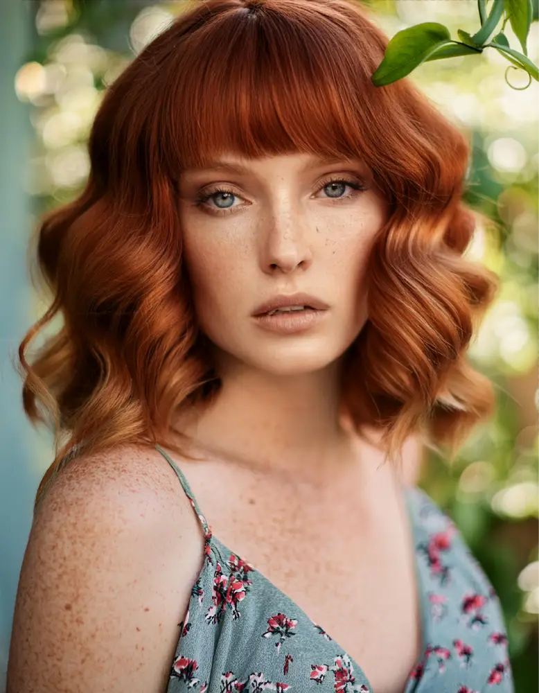 Femme rousse avec des taches de rousseur et un bob ondulé, portant une robe d'été