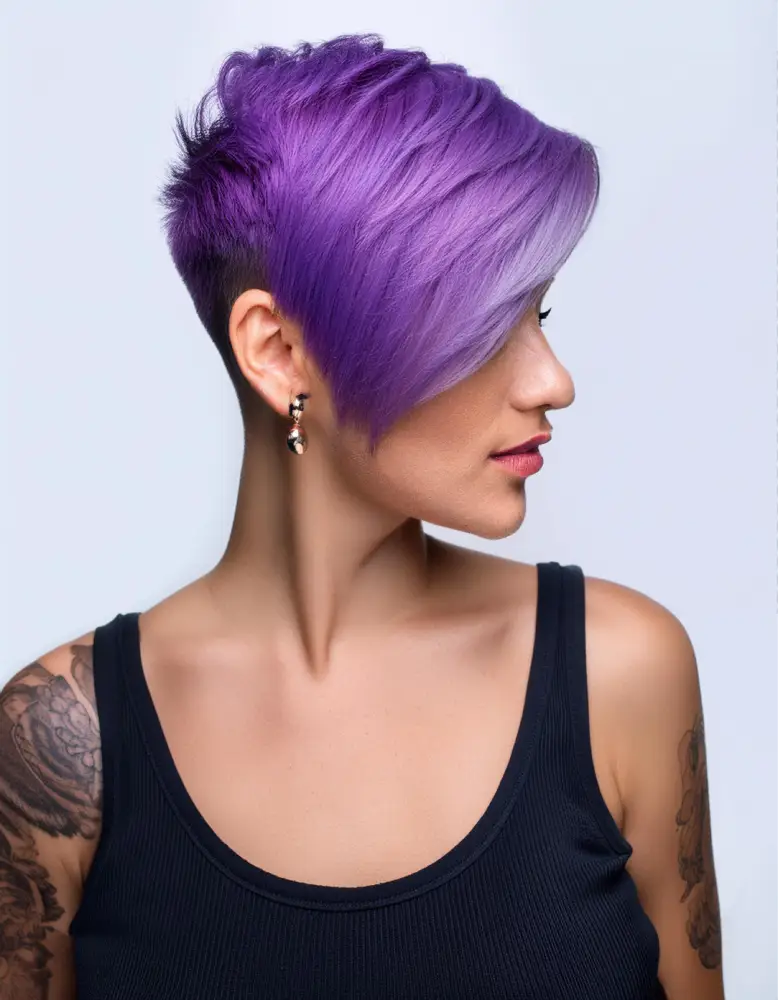 Femme avec une coupe pixie avec côtés rasés sur cheveux violets