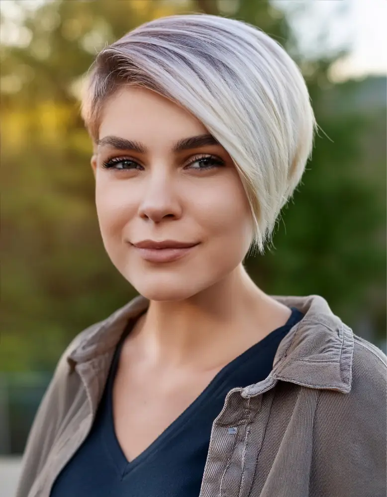 Femme avec une coupe pixie dégradée avec mèches sur cheveux, cadre extérieur décontracté