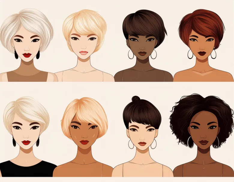 Illustration de coiffures courtes pour femmes, incluant une coupe pixie, un bob, un bob wavy, et une coupe asymétrique, sur des femmes aux cheveux blonds, bruns et roux.