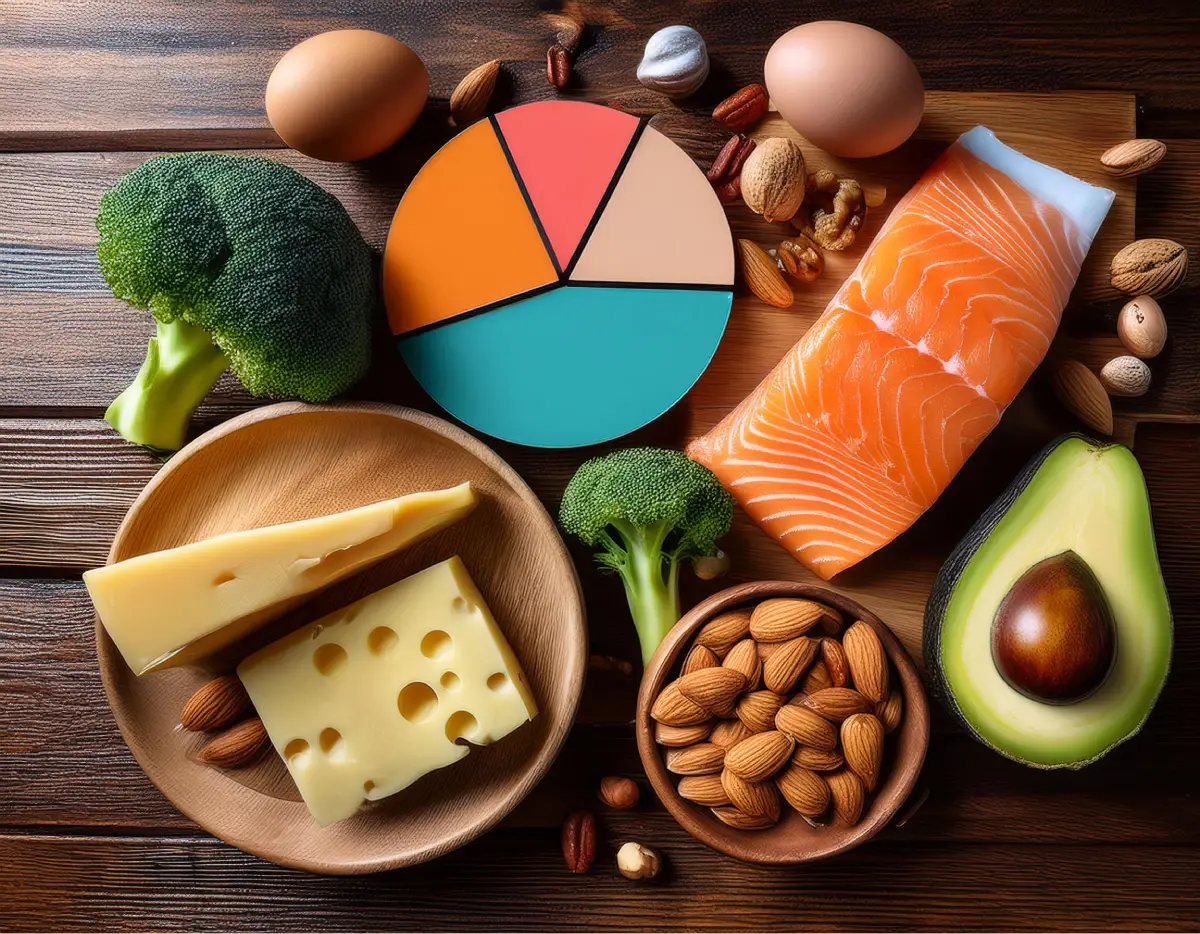 Ingrédients du régime cétogène : avocats, œufs, noix, fromage, saumon et légumes pauvres en glucides