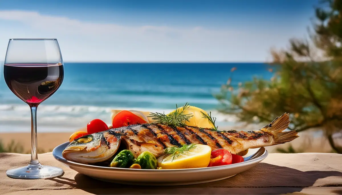 Assiette colorée du régime méditerranéen avec poisson grillé, huile d'olive, légumes frais et verre de vin rouge