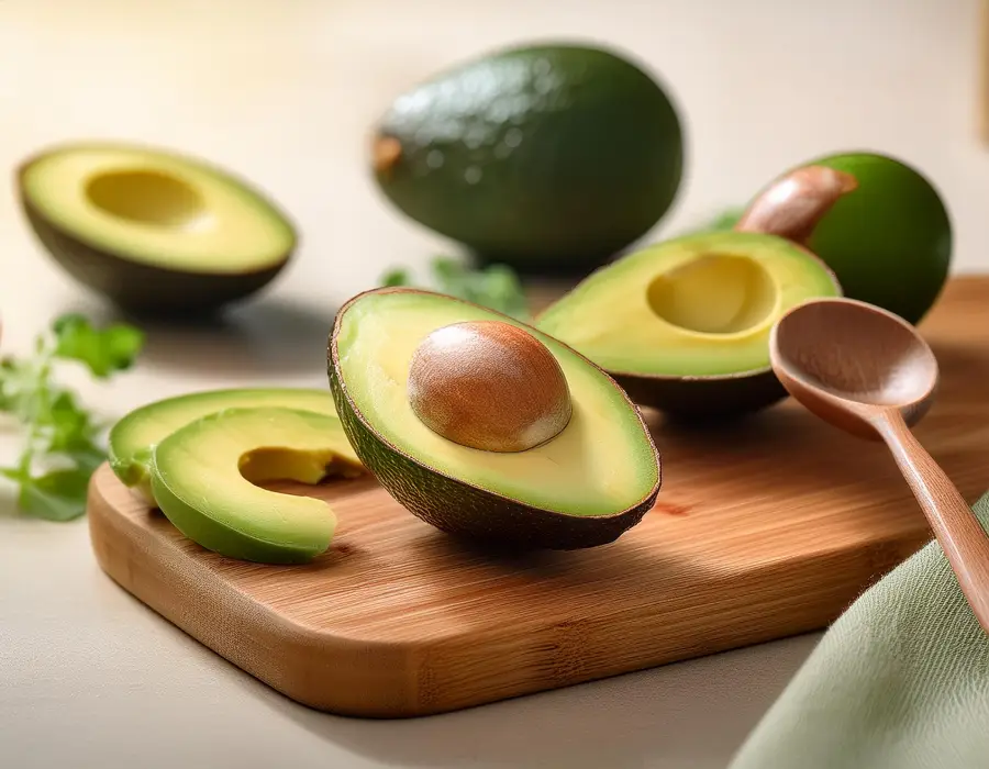 Avocat coupé en deux avec une cuillère, entouré de tranches d'avocat sur une planche à découper