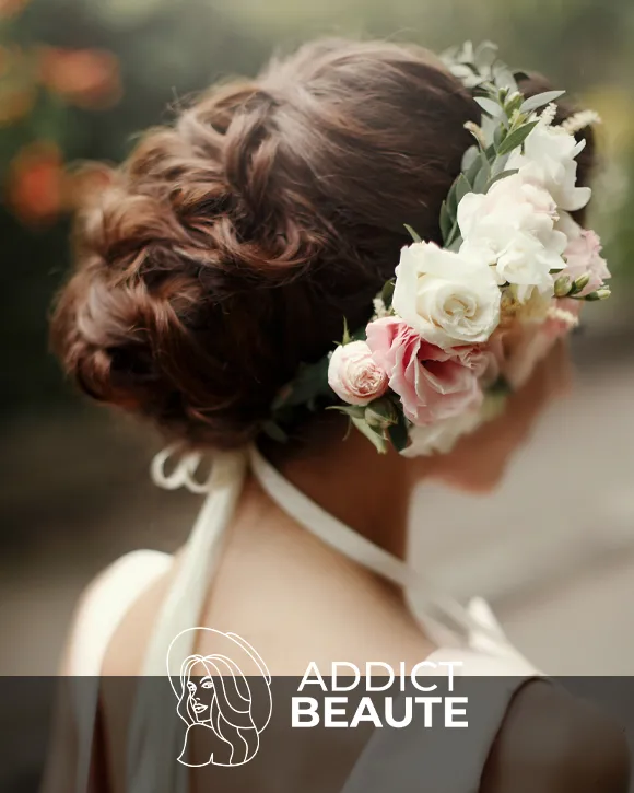Coiffure mariage : Chignon élégant avec accessoires floraux, tendance coiffure mariage 2024