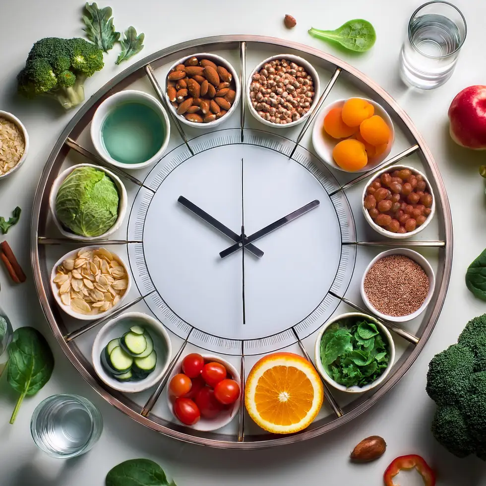 Horloge illustrant les périodes de jeûne et d'alimentation, entourée d'options de repas sains