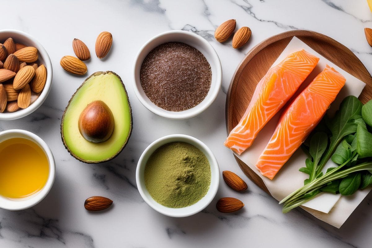 Assortiment coloré d'aliments minceur surprenants incluant œufs, avocat, chocolat noir, thé vert, saumon et amandes