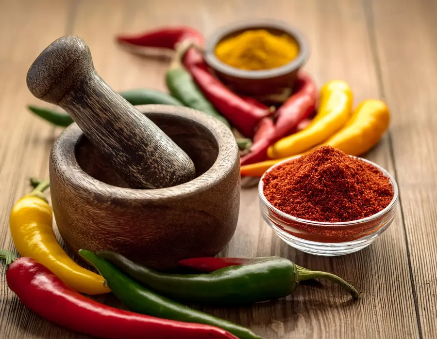 Assortiment de piments colorés sur une surface en bois avec un mortier contenant du piment moulu