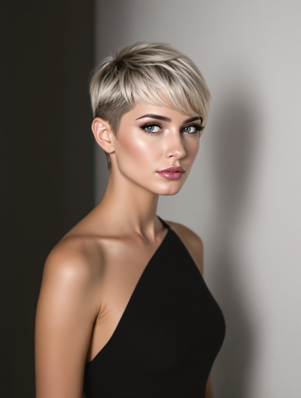 Femme moderne avec une coupe Pixie blonde, chic et élégante.