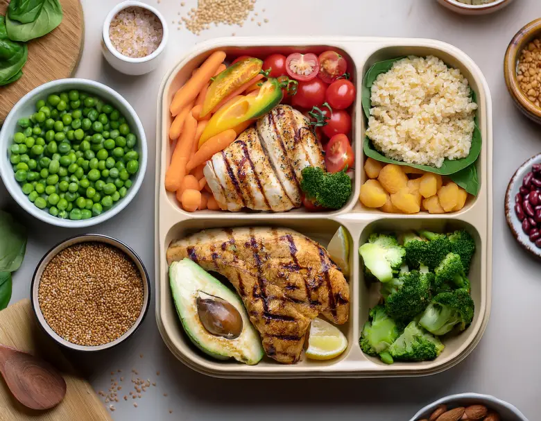 Préparation de repas flexitarien avec une variété de plats à base de plantes et une petite portion de poulet grillé
