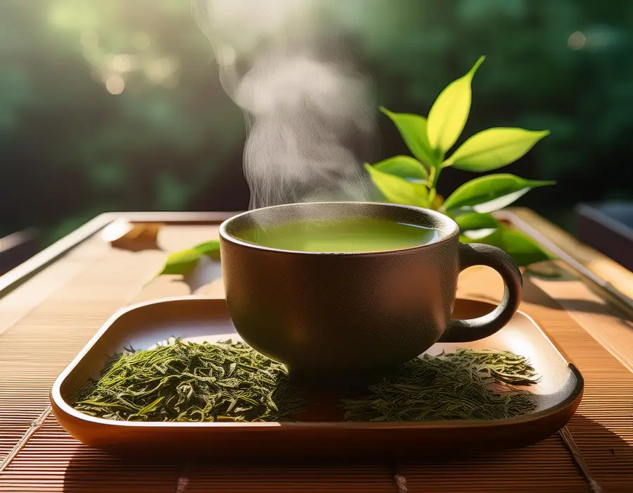 Tasse fumante de thé vert entourée de feuilles de thé fraîches sur un plateau traditionnel japonais