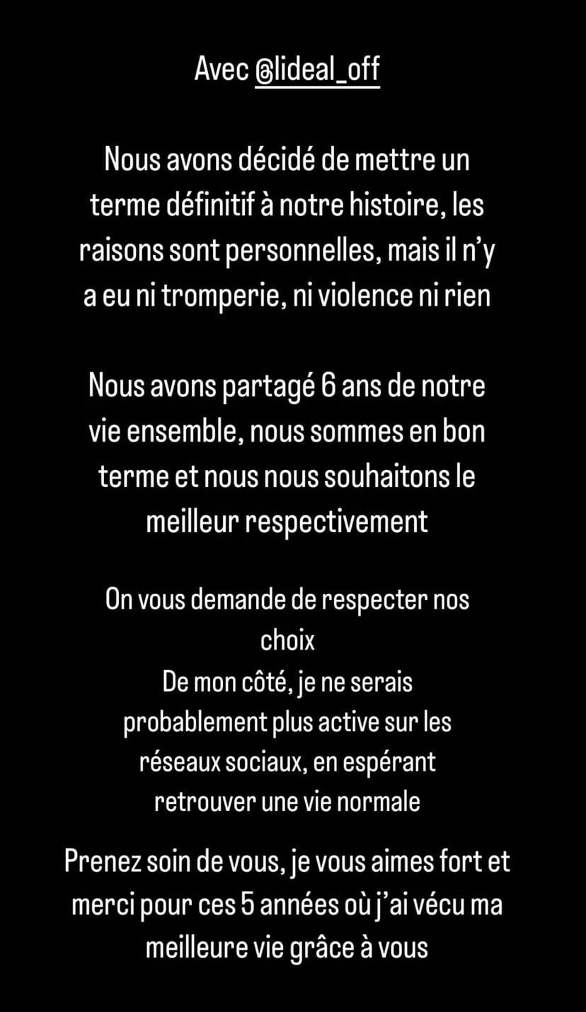 Ydrissia message de rupture en story Instagram