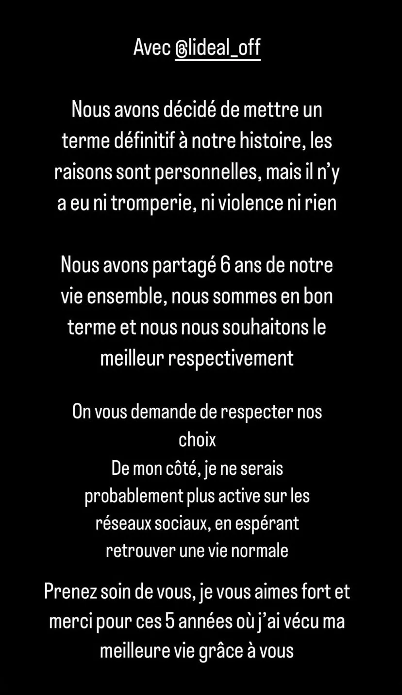 Ydrissia message de rupture en story Instagram