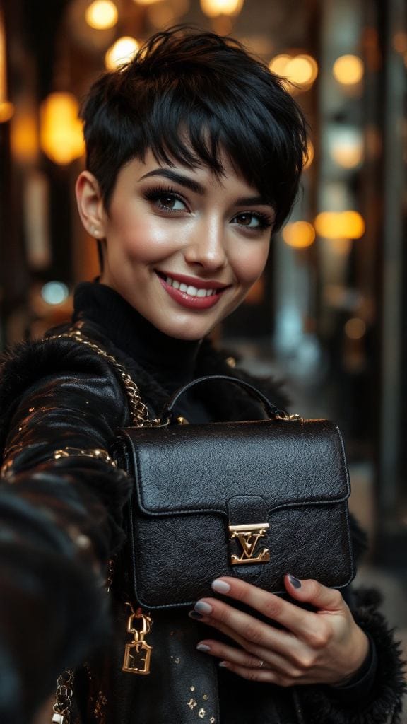 Jeune femme européenne avec coupe pixie prenant un selfie avec un sac de luxe, tenant un sac iconique de marque comme Louis Vuitton, Hermès ou Chanel, dans un cadre élégant