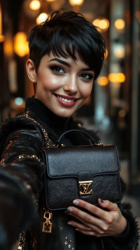 Jeune femme européenne avec coupe pixie prenant un selfie avec un sac de luxe, tenant un sac iconique de marque comme Louis Vuitton, Hermès ou Chanel, dans un cadre élégant
