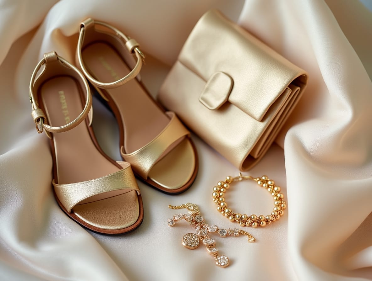 Accessoires mode pour un mariage en été : sandales dorées, bijoux délicats, et pochettes élégantes inspirées par les tendances Zara et H&M.