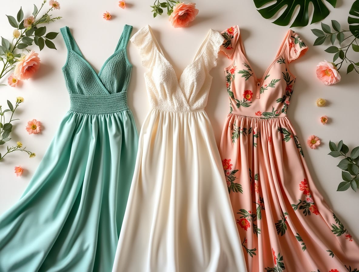 Exemple de robes d'été pour un mariage, avec motifs floraux et couleurs pastels inspirés de Zara et H&M, pour un look élégant et romantique.