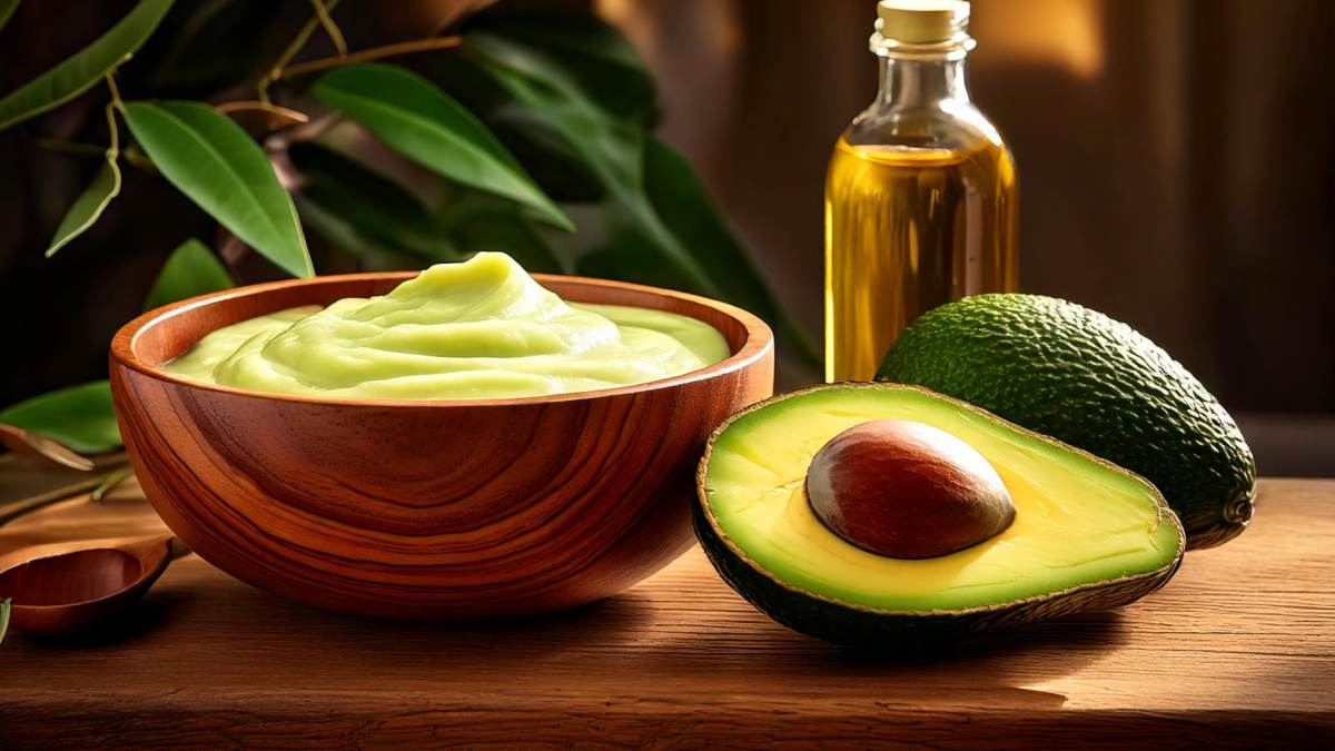 Masque hydratant à l'avocat et huile d'olive pour cheveux secs, fait maison avec des ingrédients naturels