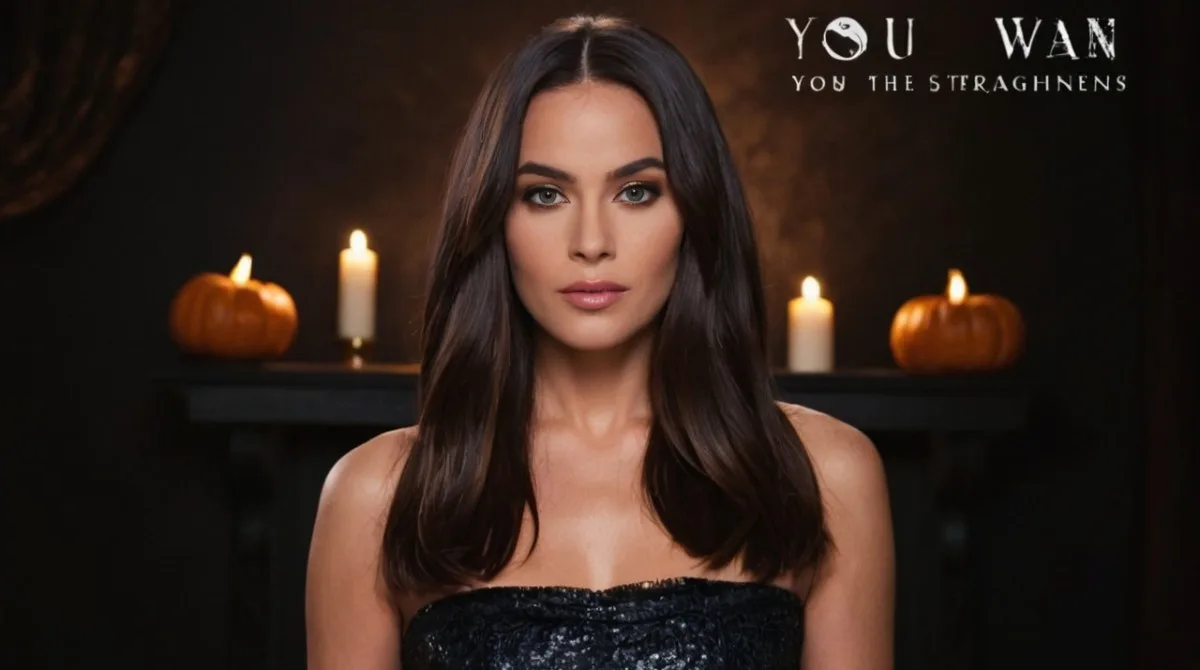 Une promotion beauté à thème Halloween mystérieuse avec un lisseur GHD emballé dans un ruban, accompagné d'une boîte cadeau lumineuse et de décorations d'Halloween comme des citrouilles et des toiles d'araignée.
