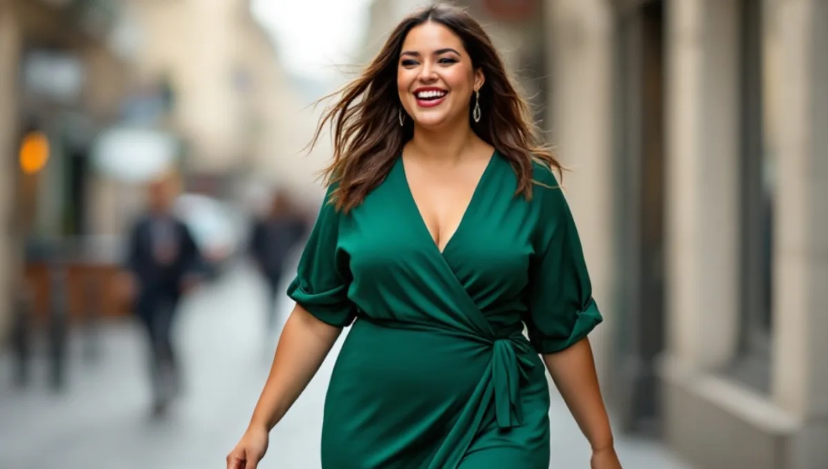 Femme ronde rayonnante en robe midi émeraude Marina Rinaldi marchant dans les rues de Paris - Guide des robes qui subliment vraiment les courbes