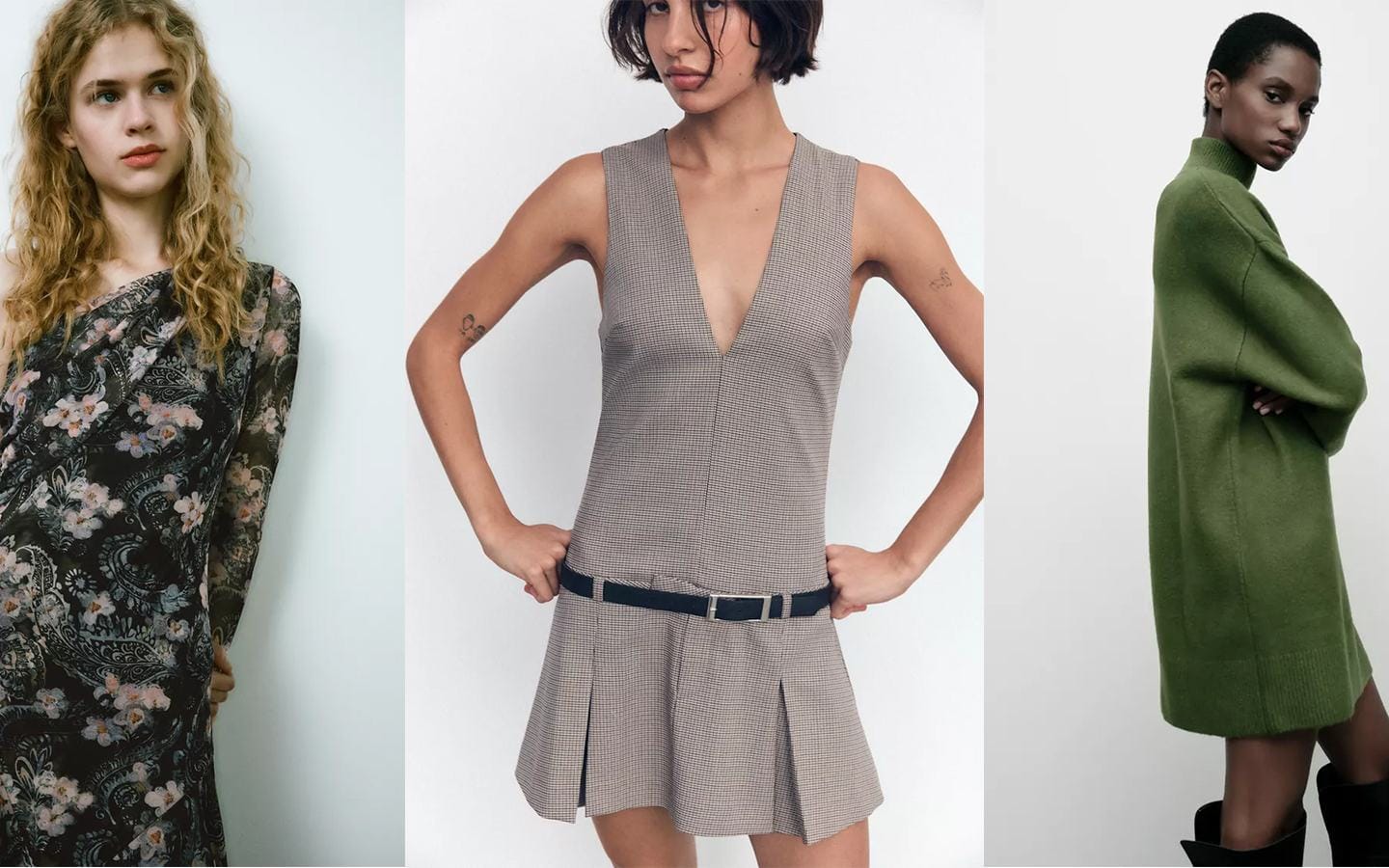 Modèle portant la robe plissée avec ceinture de Zara, tendance automne/hiver 2024, mettant en valeur un look chic et moderne.