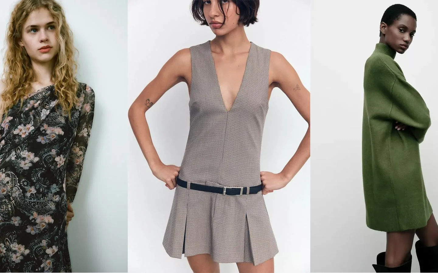Modèle portant la robe plissée avec ceinture de Zara, tendance automne/hiver 2024, mettant en valeur un look chic et moderne.