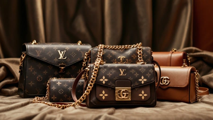 Photo de sacs de luxe iconiques avec chaînes dorées des marques Louis Vuitton et Gucci, représentant l’élégance et la sophistication de la maroquinerie haut de gamme.