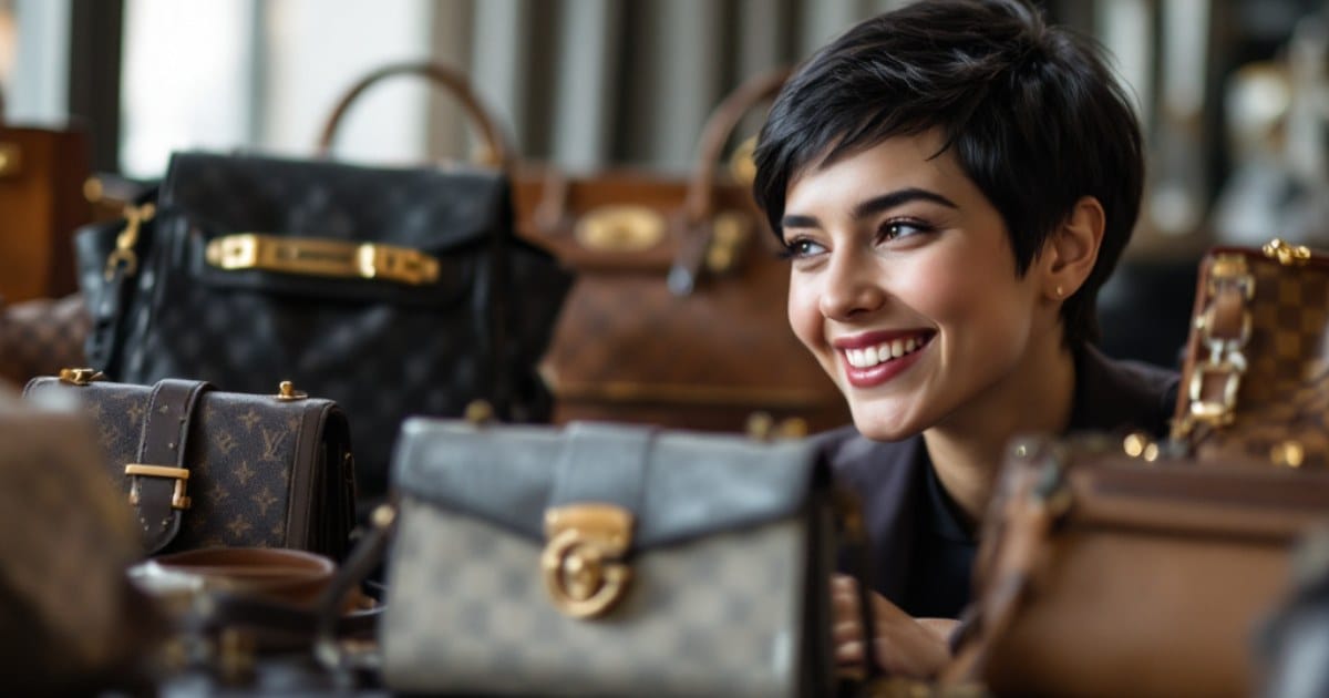 Jeune femme européenne avec coupe pixie prenant un selfie avec un sac de luxe, tenant un sac iconique de marque comme Louis Vuitton, Hermès ou Chanel, dans un cadre élégant