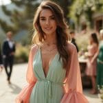 Femme élégante portant une robe pastel tendance avec des accessoires raffinés dans un cadre de mariage en plein air, illustrant les meilleures tenues pour un mariage en 2024