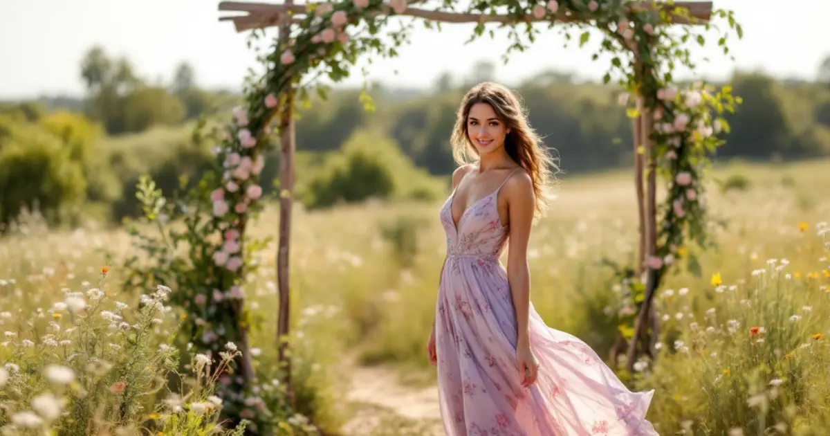 Femme portant une robe fleurie pastel et des sandales plates à un mariage champêtre, parfaite illustration d'une tenue élégante pour un mariage en plein air en 2024